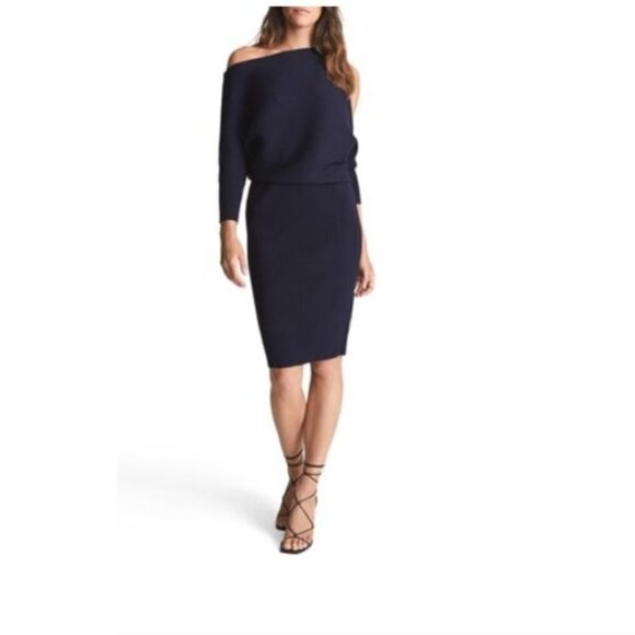 REISS Penny Ribbed Knit Navy Blue Off the shoulder Sweater Dress Size X-small - Picture 1 of 4